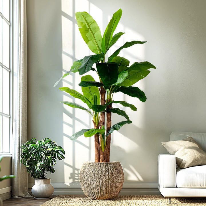 Erimda 8.2FT Artificial Banana Tree, Lifelike Fake Banana Leaf Tropical Silk Tree, Easy Assembly Faux Floor Plant with Sturdy Trunk, Maintenance Free for Indoor Home Patio Pool Outdoor Tropical Decor 