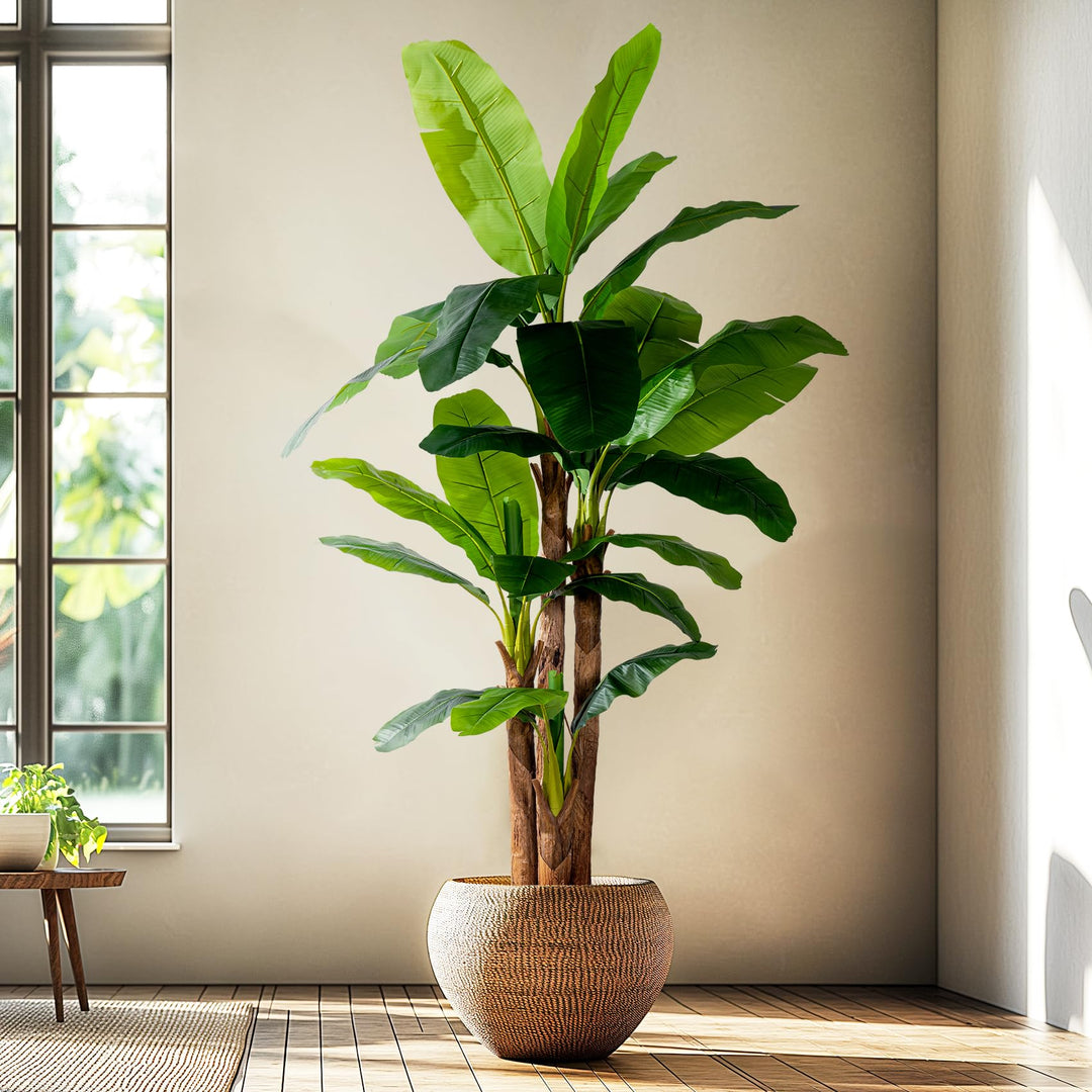 Erimda 8.2FT Artificial Banana Tree, Lifelike Fake Banana Leaf Tropical Silk Tree, Easy Assembly Faux Floor Plant with Sturdy Trunk, Maintenance Free for Indoor Home Patio Pool Outdoor Tropical Decor 