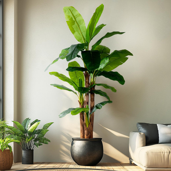 Erimda 8.2FT Artificial Banana Tree, Lifelike Fake Banana Leaf Tropical Silk Tree, Easy Assembly Faux Floor Plant with Sturdy Trunk, Maintenance Free for Indoor Home Patio Pool Outdoor Tropical Decor 
