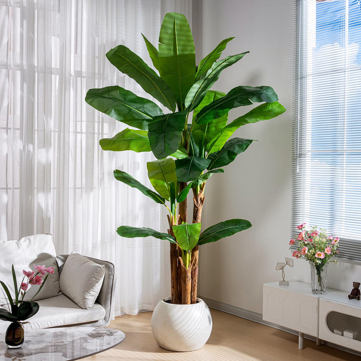 Erimda 8.2FT Artificial Banana Tree, Lifelike Fake Banana Leaf Tropical Silk Tree, Easy Assembly Faux Floor Plant with Sturdy Trunk, Maintenance Free for Indoor Home Patio Pool Outdoor Tropical Decor 