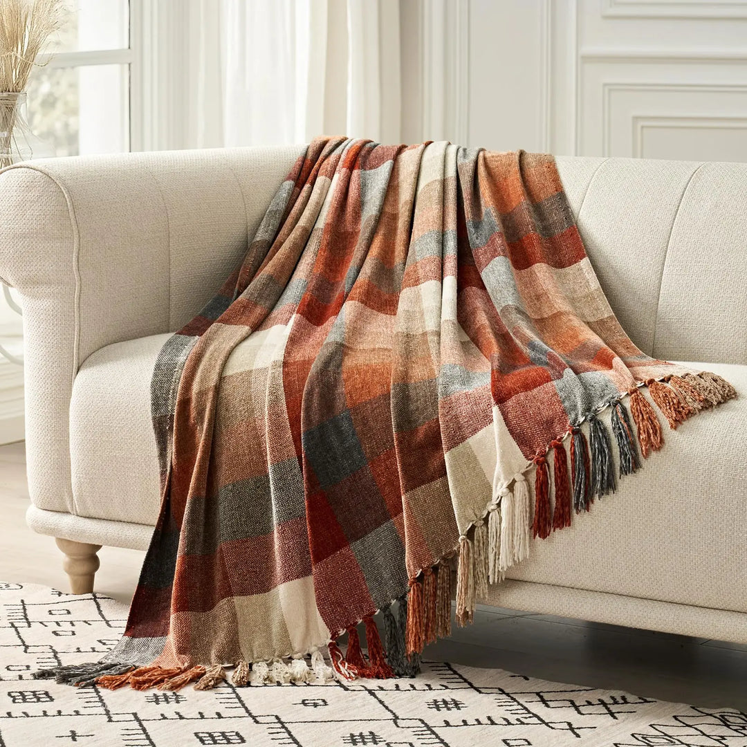 EverGrace Plaid Chenille Fall Throw Blanket, 60"x80", Harvest Orange Plaid