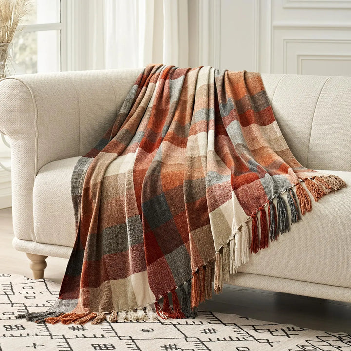 EverGrace Plaid Chenille Fall Throw Blanket, 60"x80", Harvest Orange Plaid