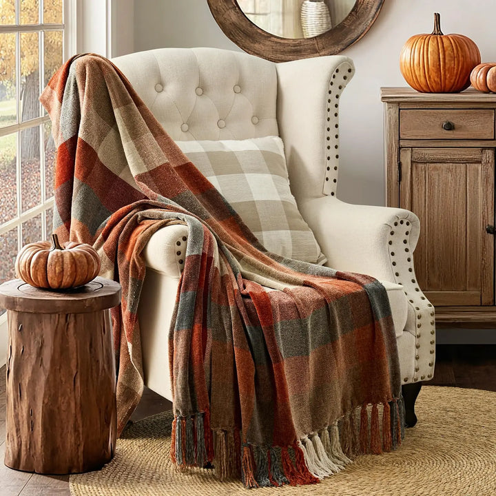 EverGrace Plaid Chenille Fall Throw Blanket, 60"x80", Harvest Orange Plaid