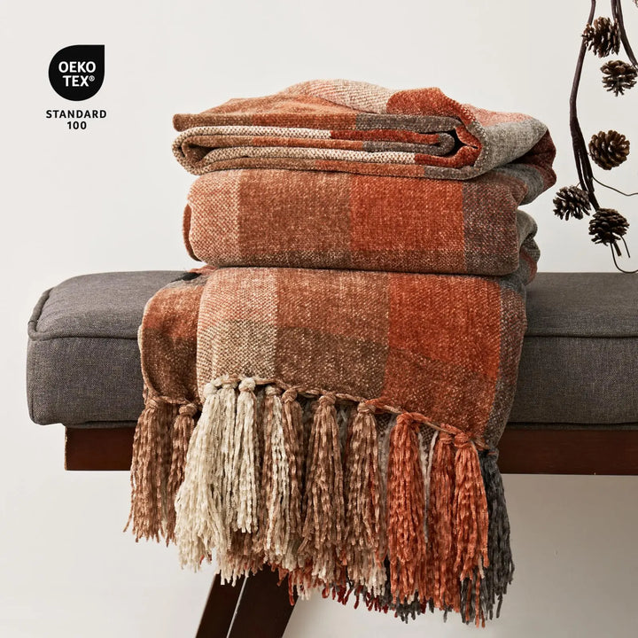 EverGrace Plaid Chenille Fall Throw Blanket, 60"x80", Harvest Orange Plaid