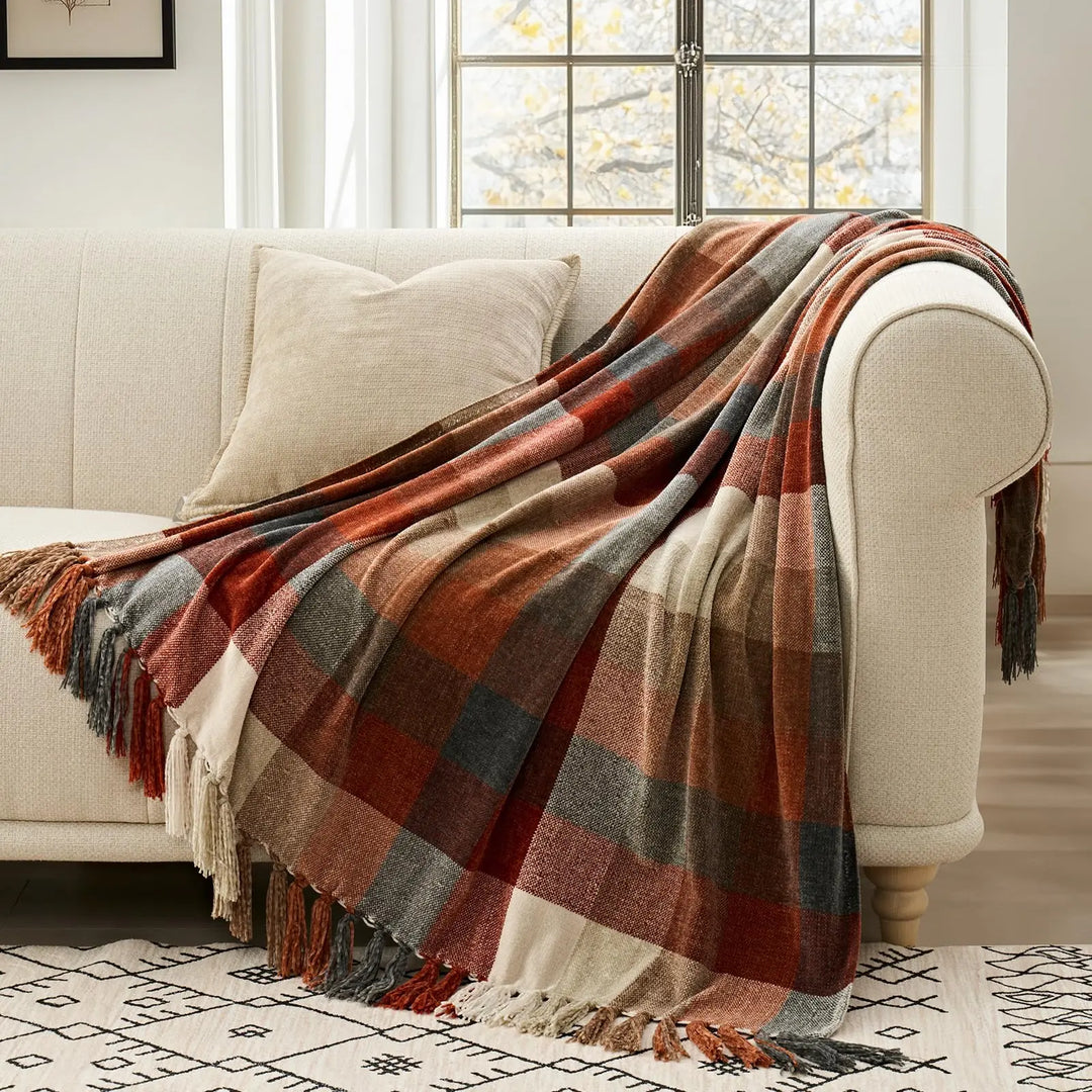 EverGrace Plaid Chenille Fall Throw Blanket, 60"x80", Harvest Orange Plaid