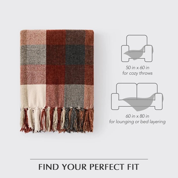 EverGrace Plaid Chenille Fall Throw Blanket, 60"x80", Harvest Orange Plaid