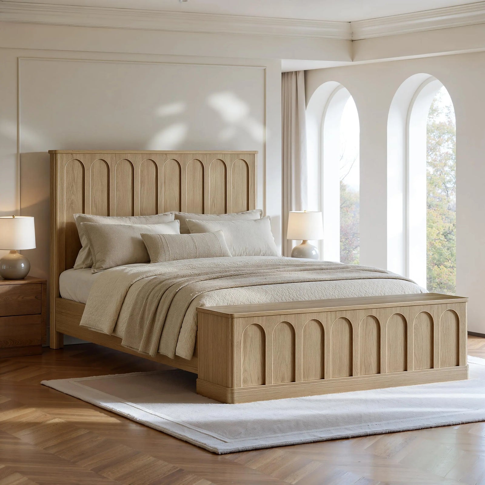Evermagin Arched Queen Bedframe with Headboard & Storage Bench, Natural Oak 