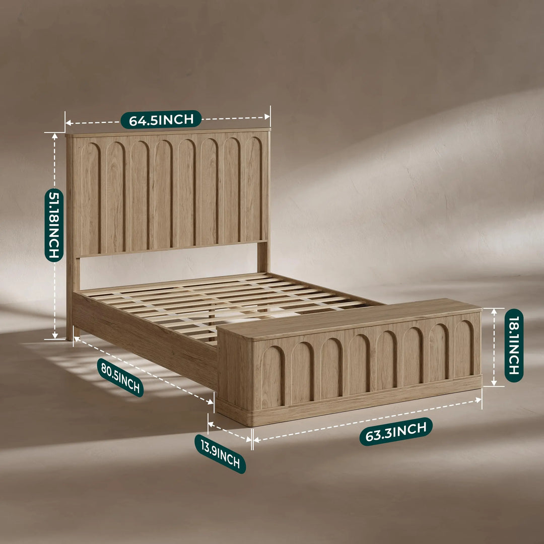 Evermagin Arched Queen Bedframe with Headboard &amp; Storage Bench, Natural Oak 