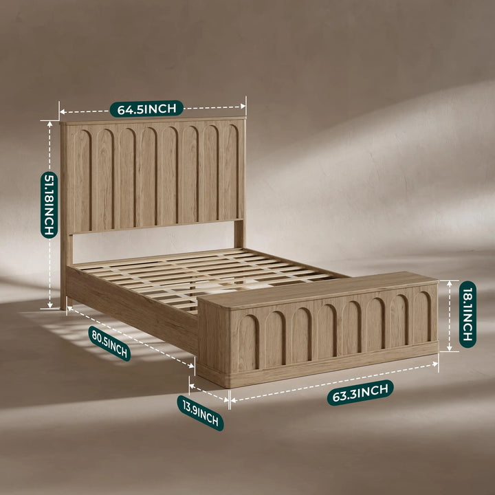 Evermagin Arched Queen Bedframe with Headboard &amp; Storage Bench, Natural Oak 