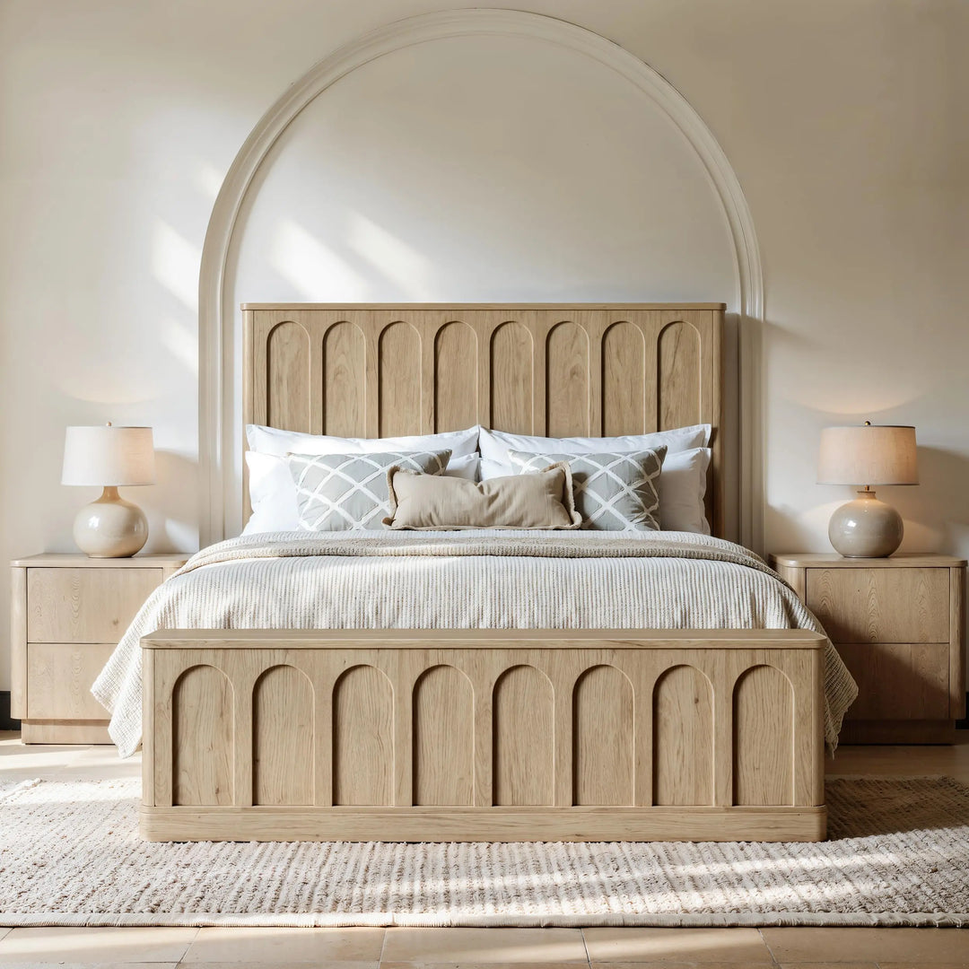 Evermagin Arched Queen Bedframe with Headboard &amp; Storage Bench, Natural Oak 
