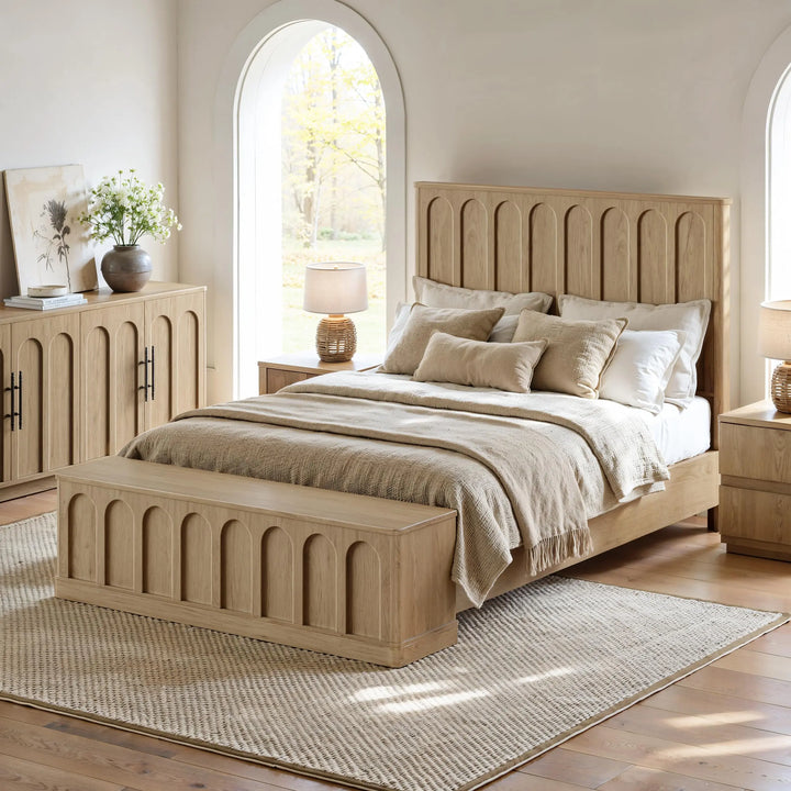 Evermagin Arched Queen Bedframe with Headboard &amp; Storage Bench, Natural Oak 