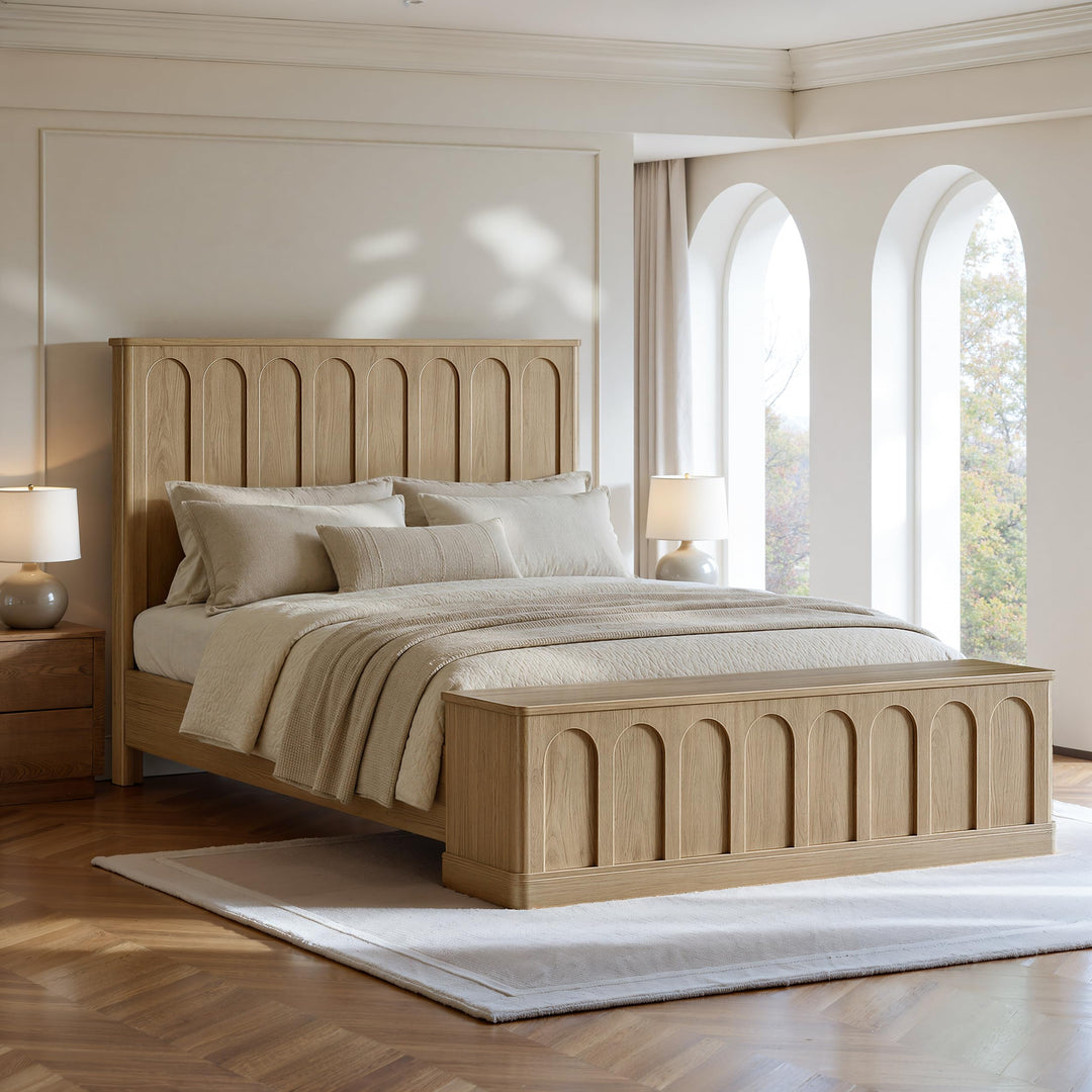 Evermagin Arched Queen Bedframe with Headboard &amp; Storage Bench, Natural Oak 