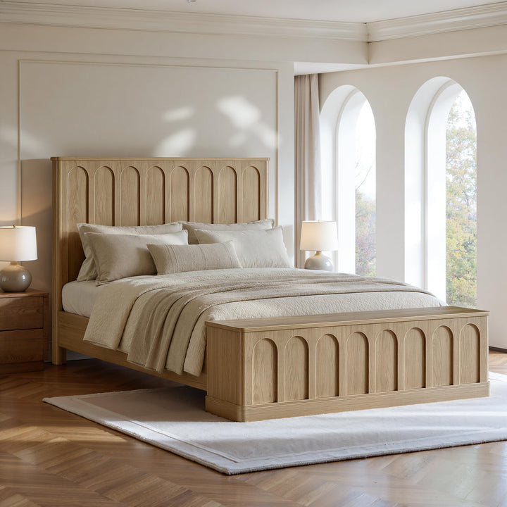 Evermagin Arched Queen Bedframe with Headboard &amp; Storage Bench, Natural Oak 