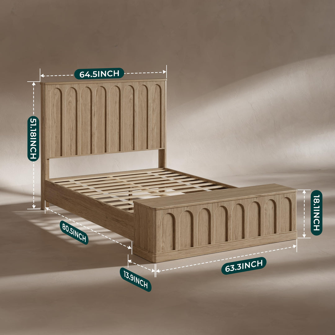 Evermagin Arched Queen Bedframe with Headboard &amp; Storage Bench, Natural Oak 