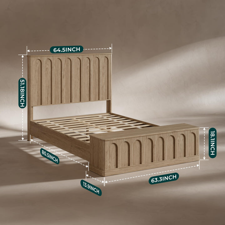 Evermagin Arched Queen Bedframe with Headboard &amp; Storage Bench, Natural Oak 