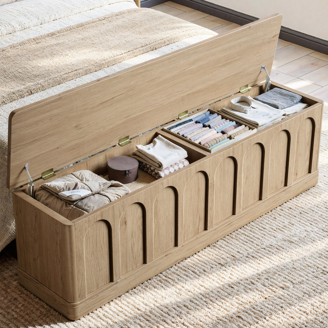Evermagin Arched Queen Bedframe with Headboard &amp; Storage Bench, Natural Oak 