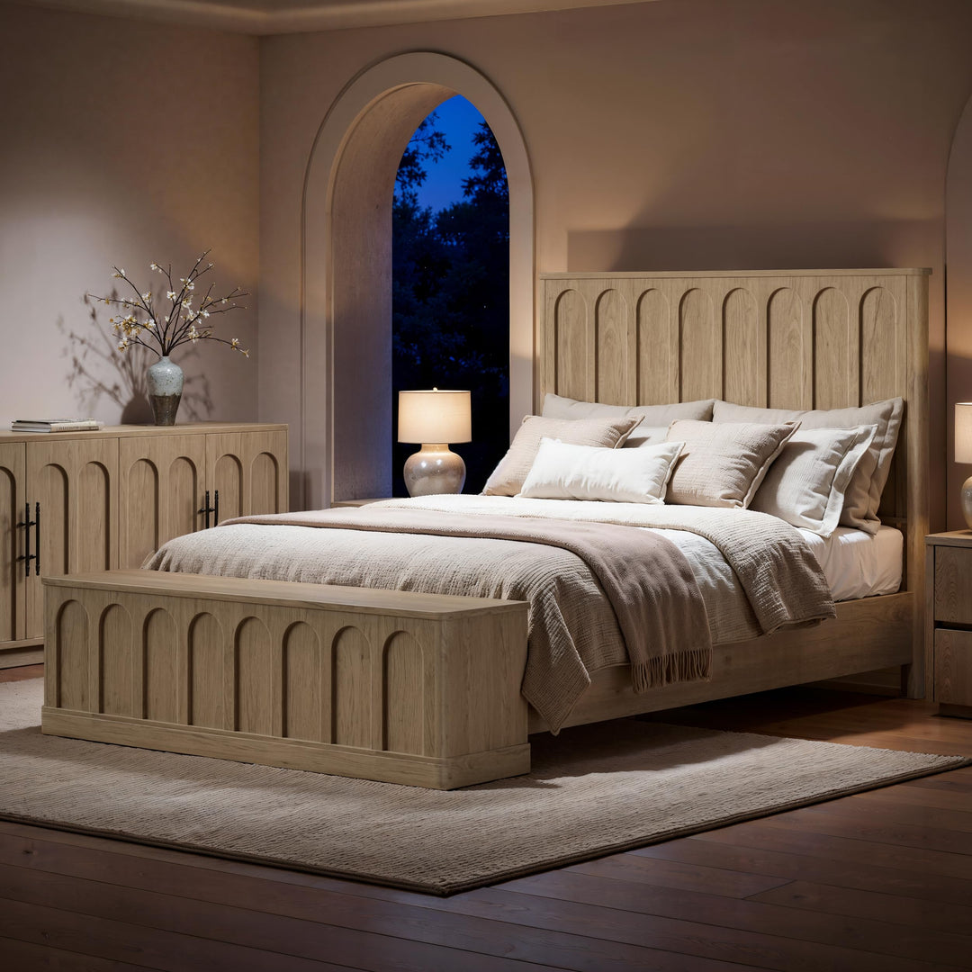 Evermagin Arched Queen Bedframe with Headboard &amp; Storage Bench, Natural Oak 