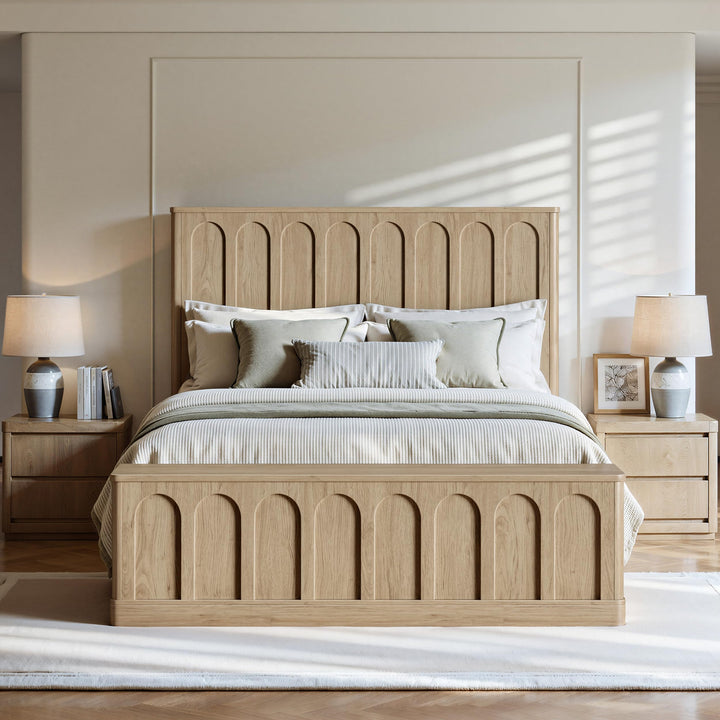 Evermagin Arched Queen Bedframe with Headboard &amp; Storage Bench, Natural Oak 