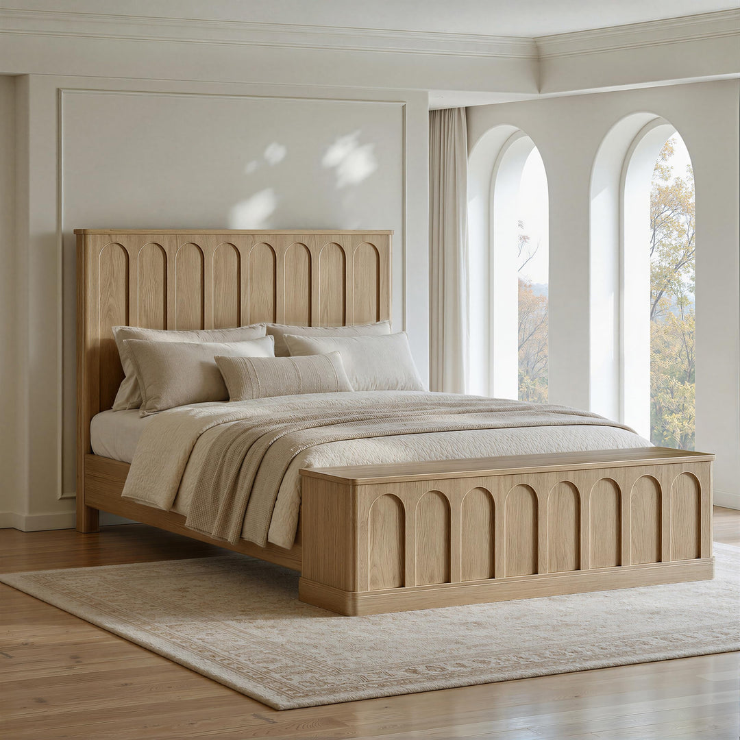 Evermagin Arched Queen Bedframe with Headboard &amp; Storage Bench, Natural Oak 