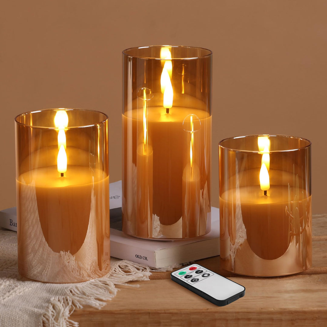 Eywamage Gold Glass Flameless Pillar Candles with Remote, Flickering Fall LED Candles Battery Operated Set of 3 