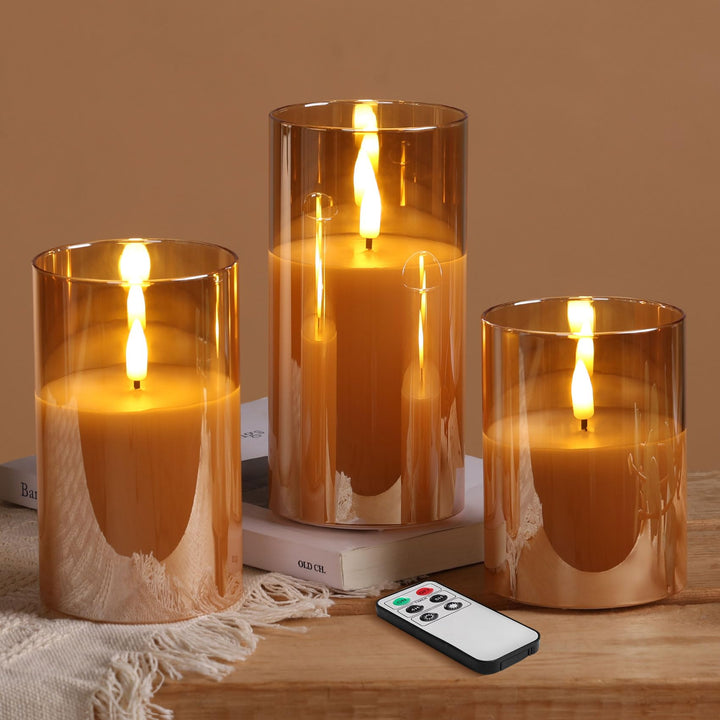 Eywamage Gold Glass Flameless Pillar Candles with Remote, Flickering Fall LED Candles Battery Operated Set of 3 