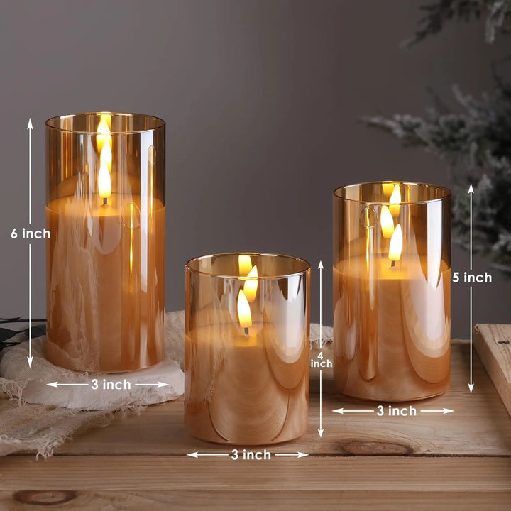 Eywamage Gold Glass Flameless Pillar Candles with Remote, Flickering Fall LED Candles Battery Operated Set of 3