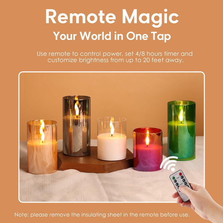 Eywamage Gold Glass Flameless Pillar Candles with Remote, Flickering Fall LED Candles Battery Operated Set of 3 
