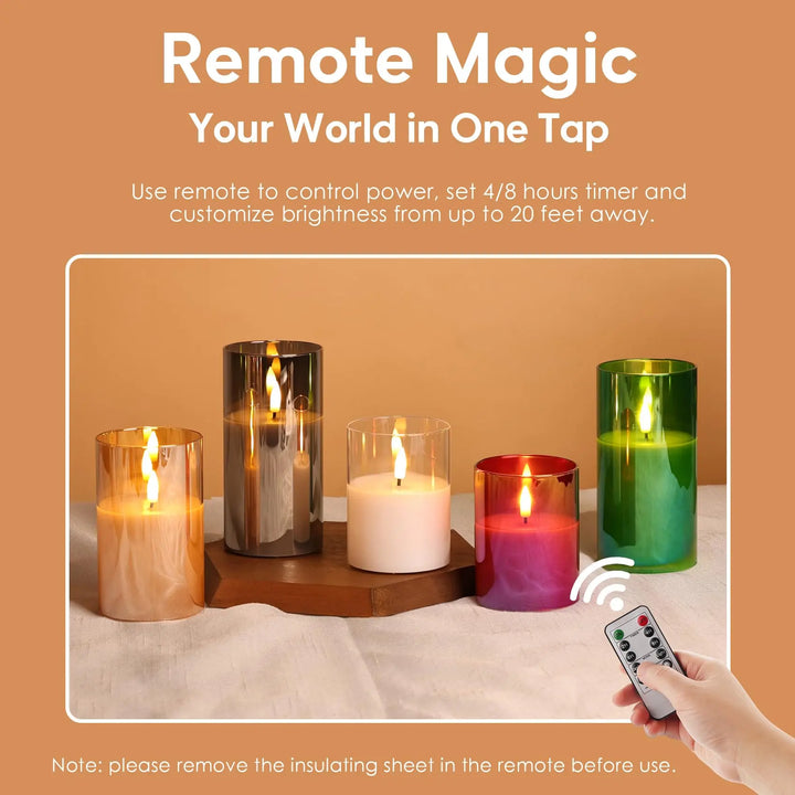 Eywamage Gold Glass Flameless Pillar Candles with Remote, Flickering Fall LED Candles Battery Operated Set of 3