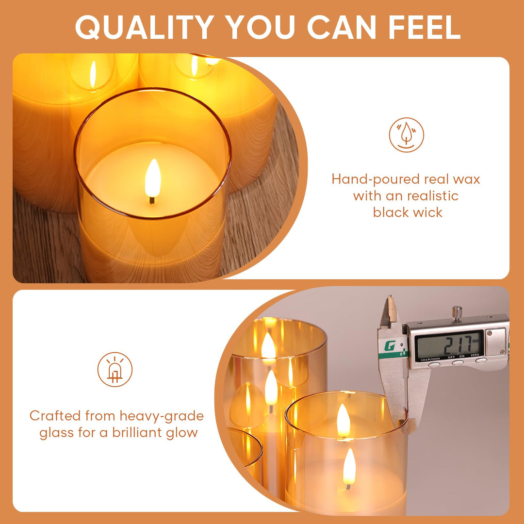 Eywamage Gold Glass Flameless Pillar Candles with Remote, Flickering Fall LED Candles Battery Operated Set of 3 