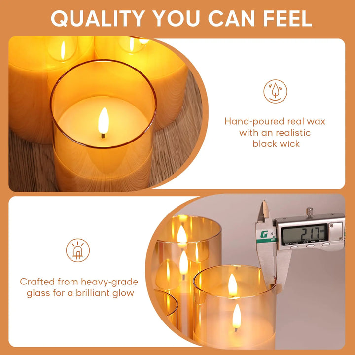 Eywamage Gold Glass Flameless Pillar Candles with Remote, Flickering Fall LED Candles Battery Operated Set of 3