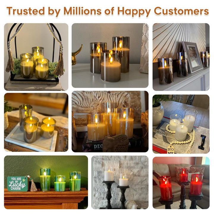 Eywamage Gold Glass Flameless Pillar Candles with Remote, Flickering Fall LED Candles Battery Operated Set of 3 