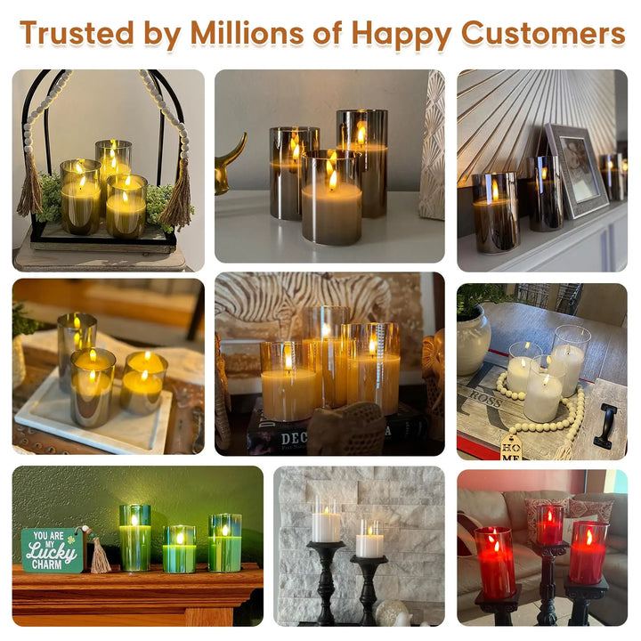 Eywamage Gold Glass Flameless Pillar Candles with Remote, Flickering Fall LED Candles Battery Operated Set of 3