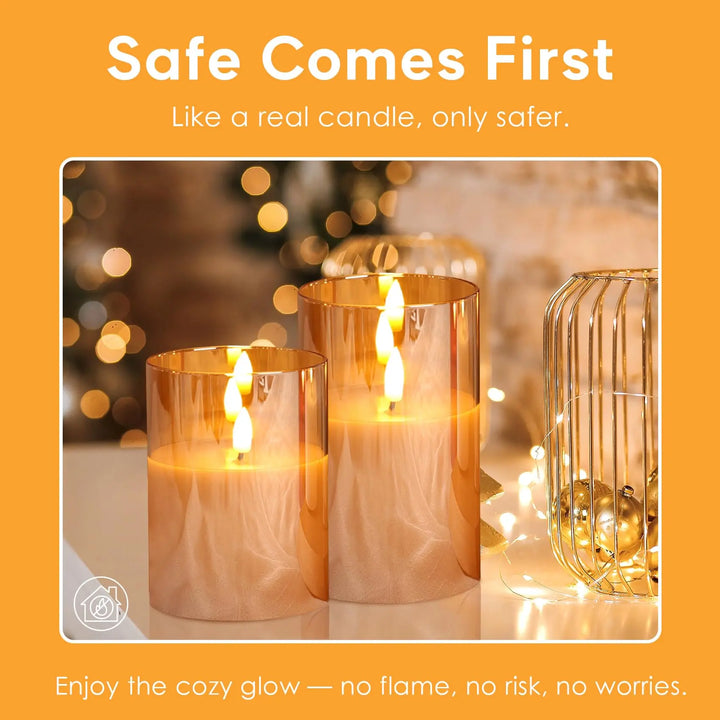Eywamage Gold Glass Flameless Pillar Candles with Remote, Flickering Fall LED Candles Battery Operated Set of 3