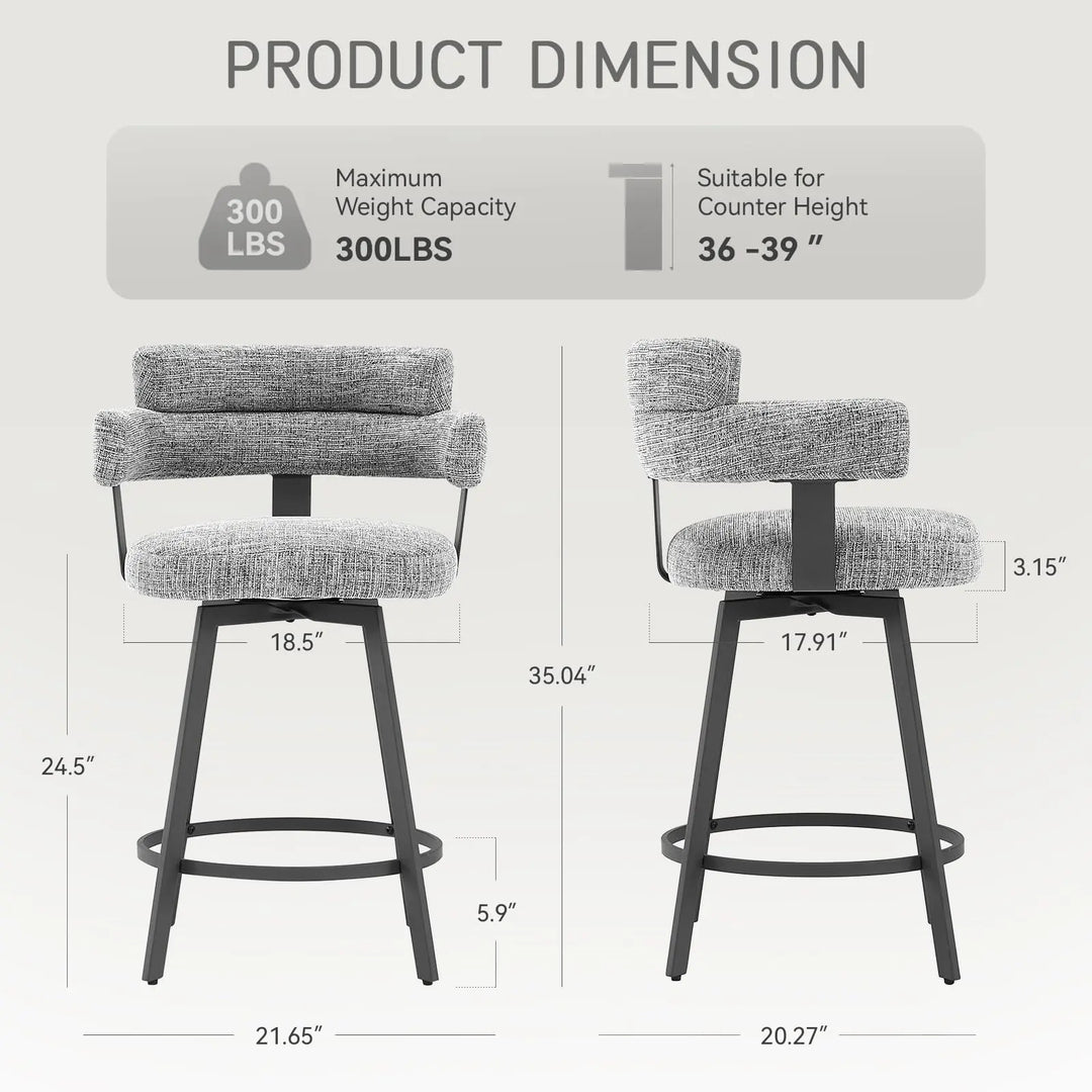 FERFALDER Counter Height Bar Stools with Full Back – Swivel Counter Stools Set of 2 with Linen Padded Back, Metal Footrest, Modern Barstools for Kitchen Counter, Island, Dining Room, Grey 24 inch 