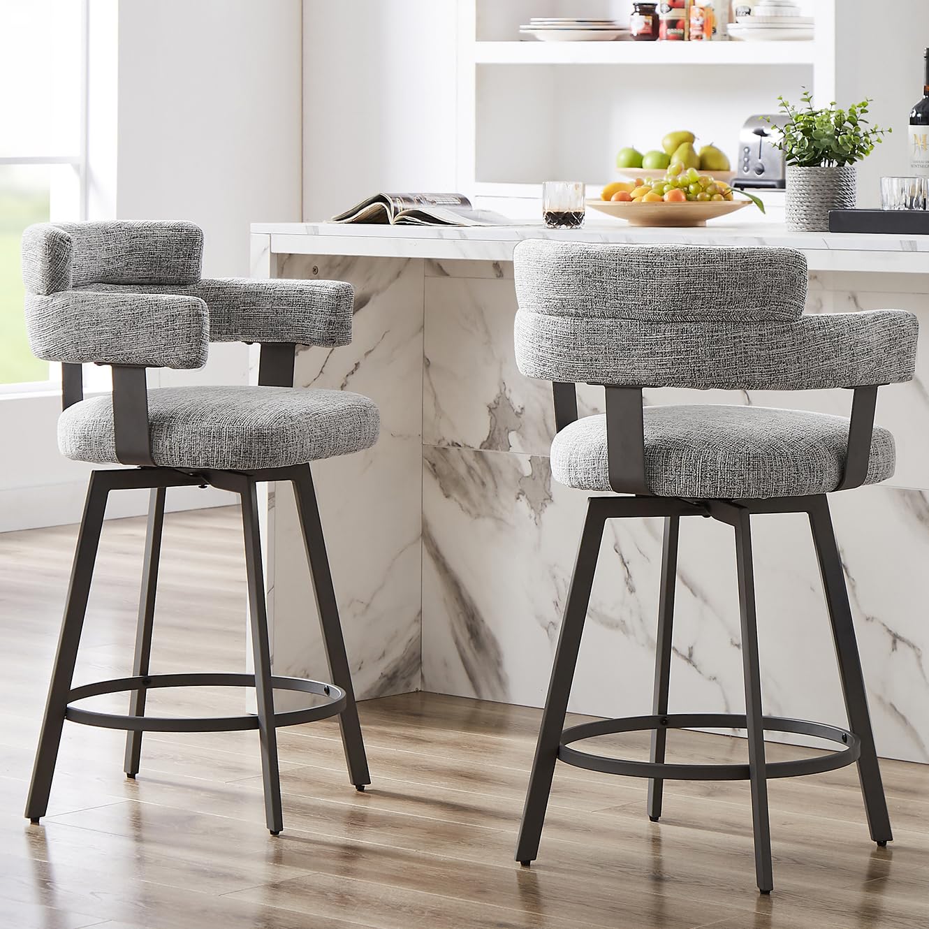 FERFALDER Counter Height Bar Stools with Full Back – Swivel Counter Stools Set of 2 with Linen Padded Back, Metal Footrest, Modern Barstools for Kitchen Counter, Island, Dining Room, Grey 24 inch 