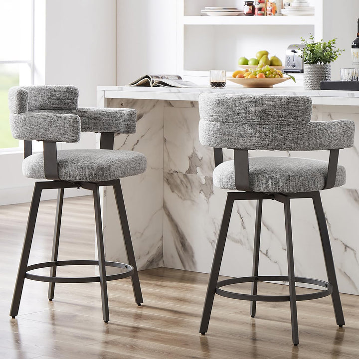 FERFALDER Counter Height Bar Stools with Full Back – Swivel Counter Stools Set of 2 with Linen Padded Back, Metal Footrest, Modern Barstools for Kitchen Counter, Island, Dining Room, Grey 24 inch 