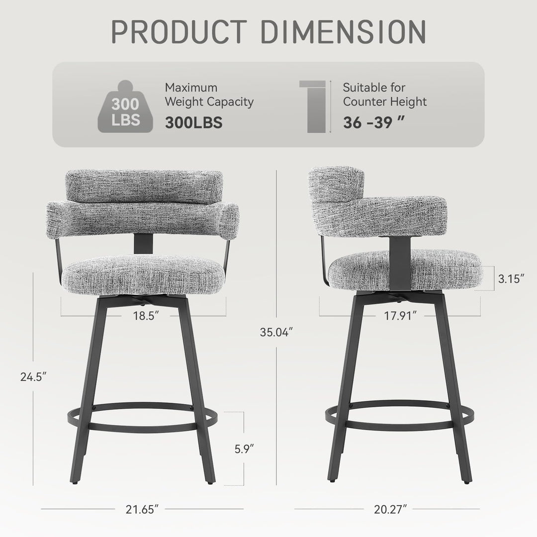 FERFALDER Counter Height Bar Stools with Full Back – Swivel Counter Stools Set of 2 with Linen Padded Back, Metal Footrest, Modern Barstools for Kitchen Counter, Island, Dining Room, Grey 24 inch 