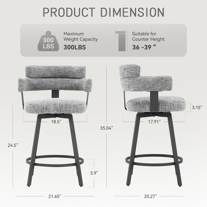 FERFALDER Counter Height Bar Stools with Full Back – Swivel Counter Stools Set of 2 with Linen Padded Back, Metal Footrest, Modern Barstools for Kitchen Counter, Island, Dining Room, Grey 24 inch 
