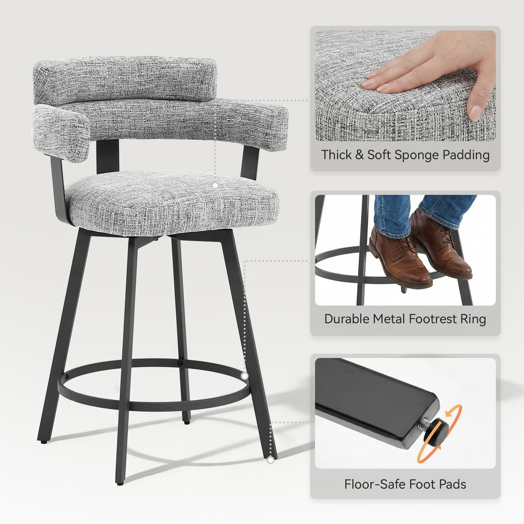 FERFALDER Counter Height Bar Stools with Full Back – Swivel Counter Stools Set of 2 with Linen Padded Back, Metal Footrest, Modern Barstools for Kitchen Counter, Island, Dining Room, Grey 24 inch 