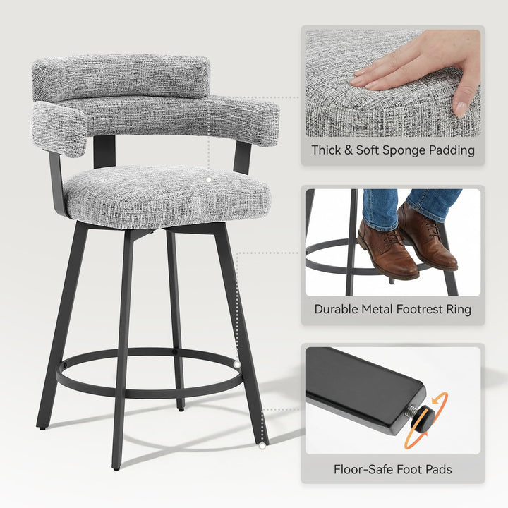 FERFALDER Counter Height Bar Stools with Full Back – Swivel Counter Stools Set of 2 with Linen Padded Back, Metal Footrest, Modern Barstools for Kitchen Counter, Island, Dining Room, Grey 24 inch 