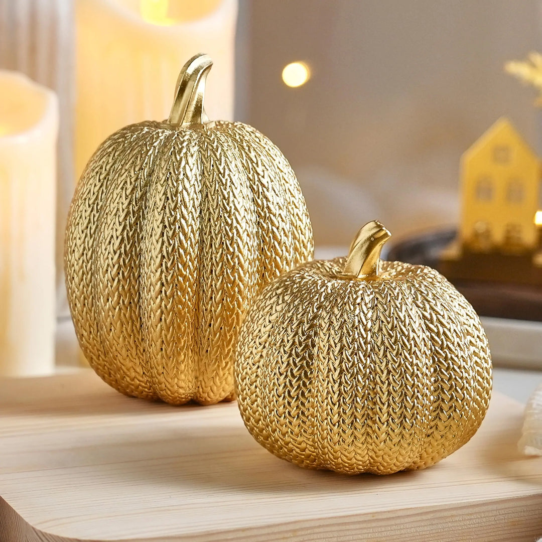 FESTGLOX Pumpkin Fall Decor Indoor, 2Pcs Resin Gold Pumpkin for Decorating