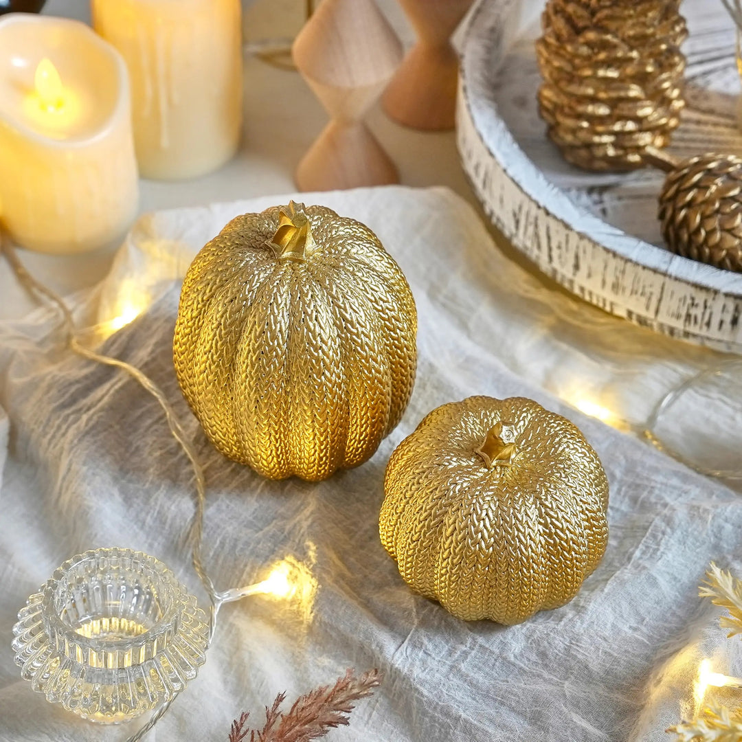 FESTGLOX Pumpkin Fall Decor Indoor, 2Pcs Resin Gold Pumpkin for Decorating