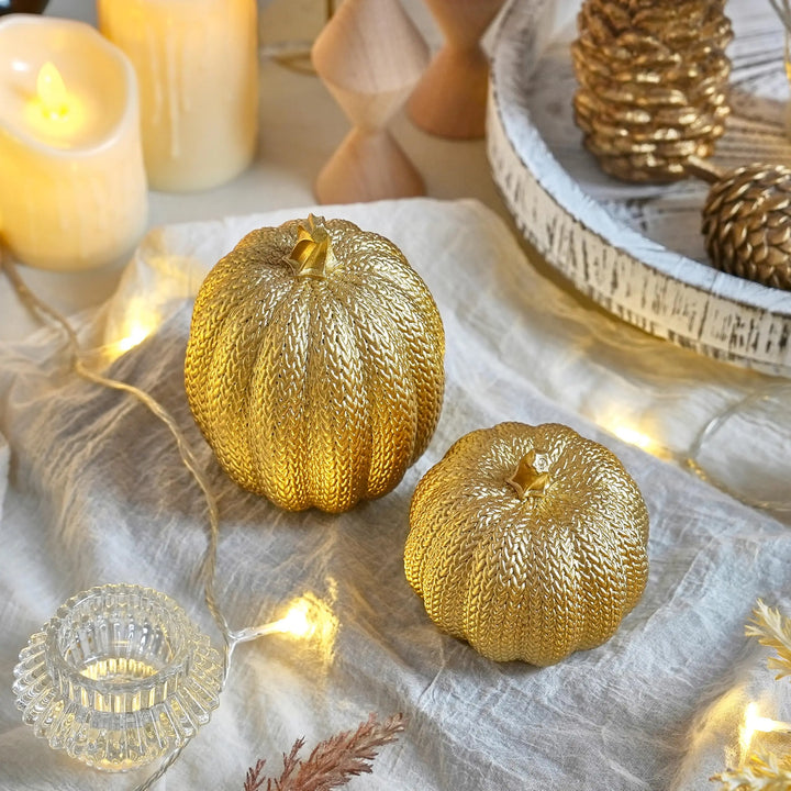 FESTGLOX Pumpkin Fall Decor Indoor, 2Pcs Resin Gold Pumpkin for Decorating