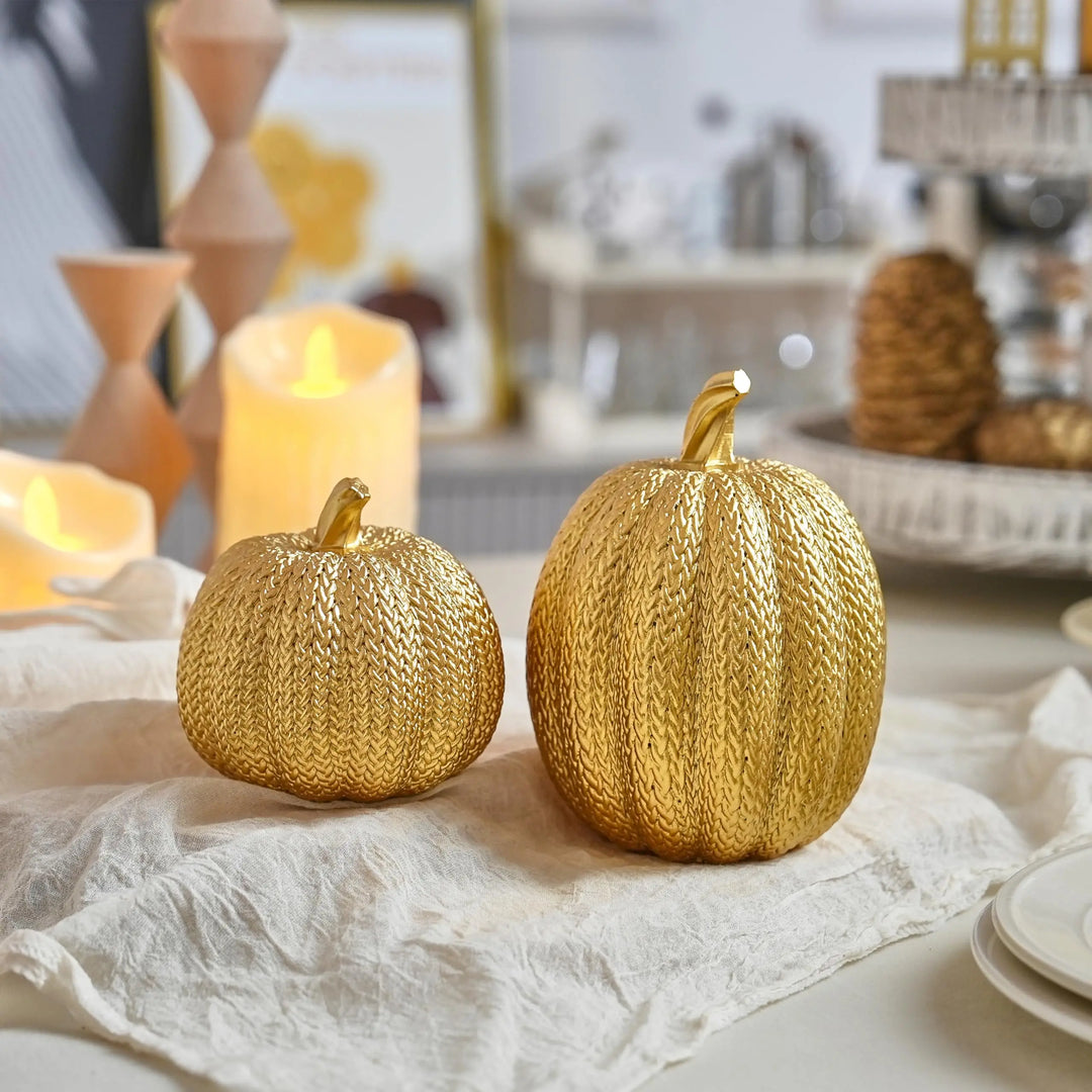 FESTGLOX Pumpkin Fall Decor Indoor, 2Pcs Resin Gold Pumpkin for Decorating