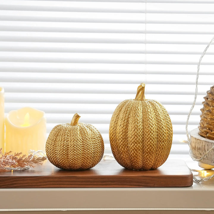 FESTGLOX Pumpkin Fall Decor Indoor, 2Pcs Resin Gold Pumpkin for Decorating