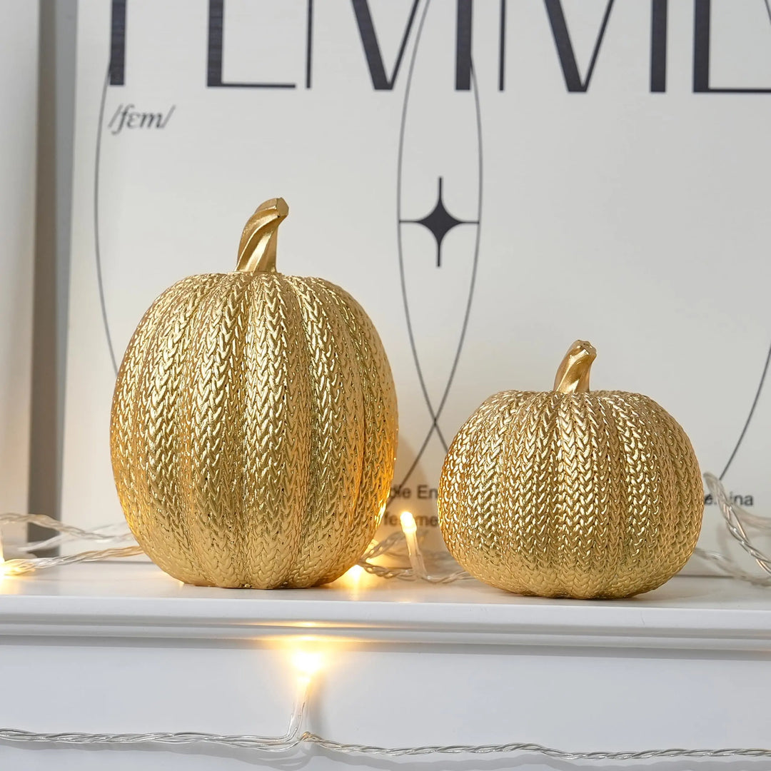 FESTGLOX Pumpkin Fall Decor Indoor, 2Pcs Resin Gold Pumpkin for Decorating