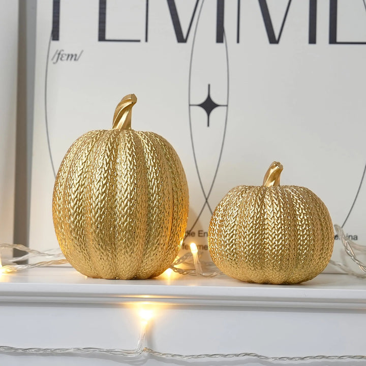 FESTGLOX Pumpkin Fall Decor Indoor, 2Pcs Resin Gold Pumpkin for Decorating