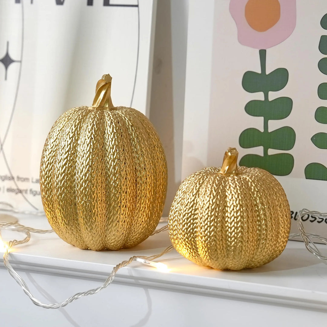 FESTGLOX Pumpkin Fall Decor Indoor, 2Pcs Resin Gold Pumpkin for Decorating