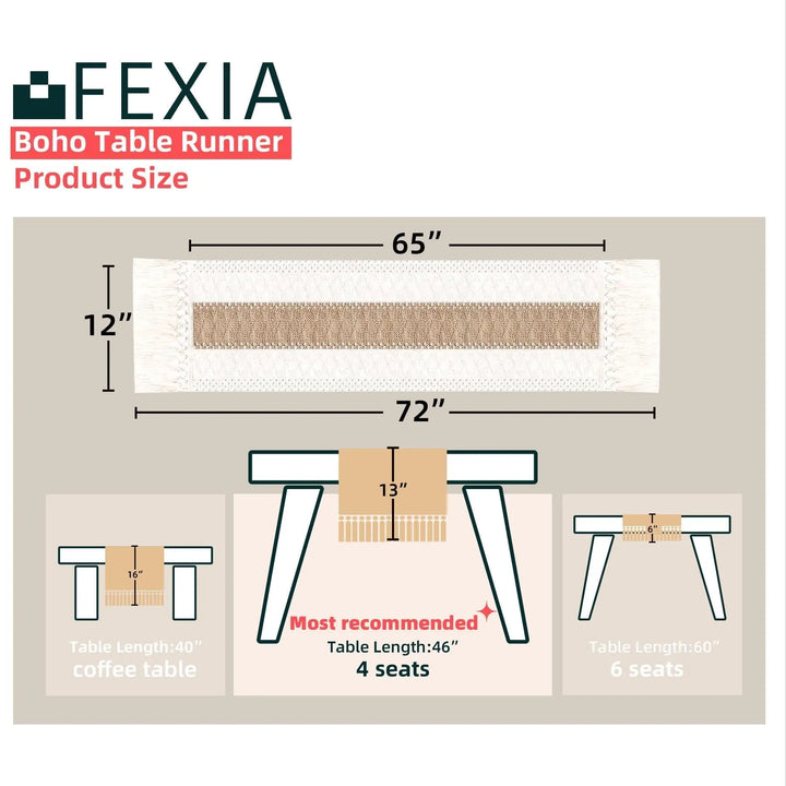 FEXIA Boho Table Runner, 12x72 Rustic with Tassels