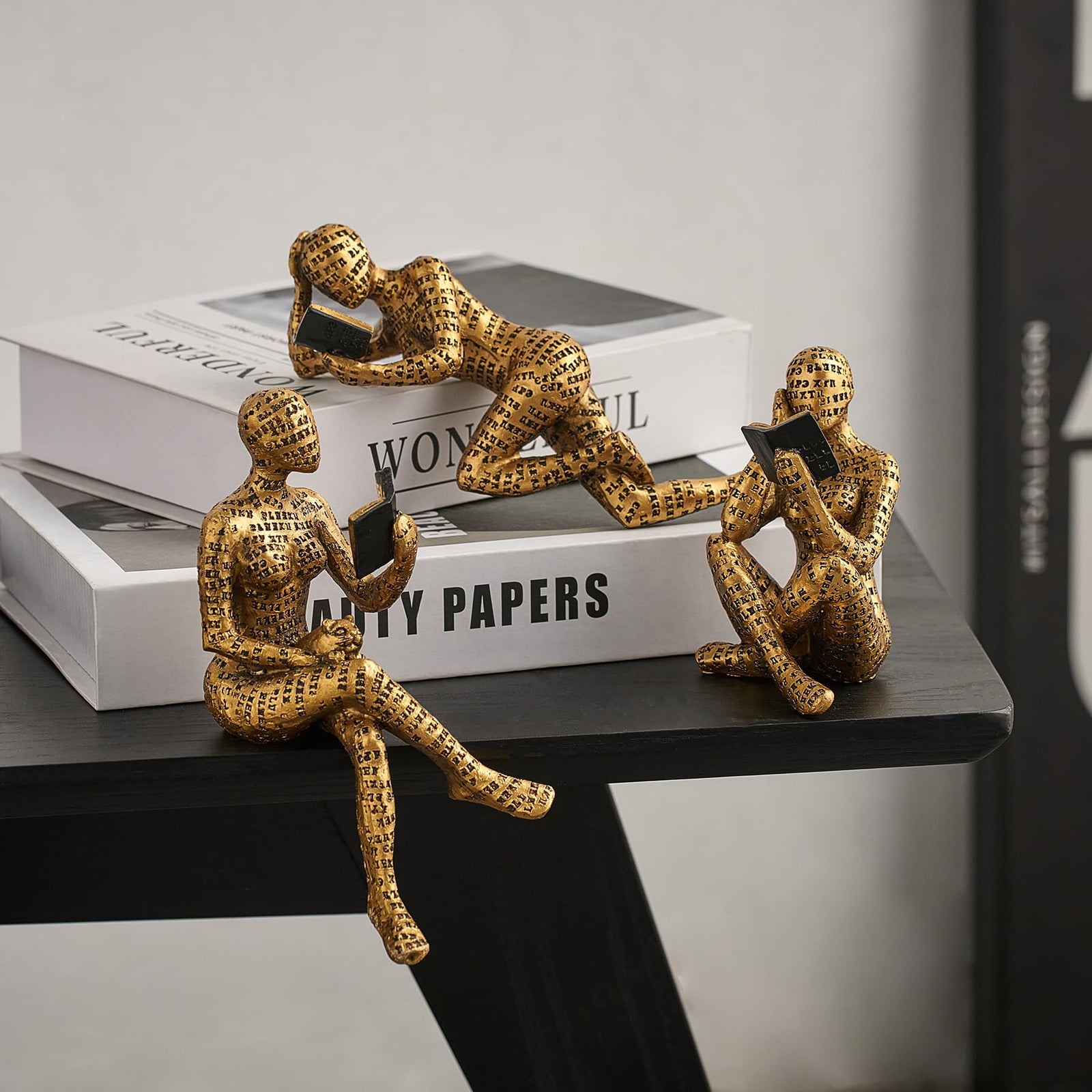 FJS 3Pcs Gold Thinker Statues Home Decor Accents, Pulp Reading Women Figurine Decorations for Living Room, Modern Abstract Sculpture Decor for Shelves Bookshelf Coffee Table, Gifts for Bookworms 
